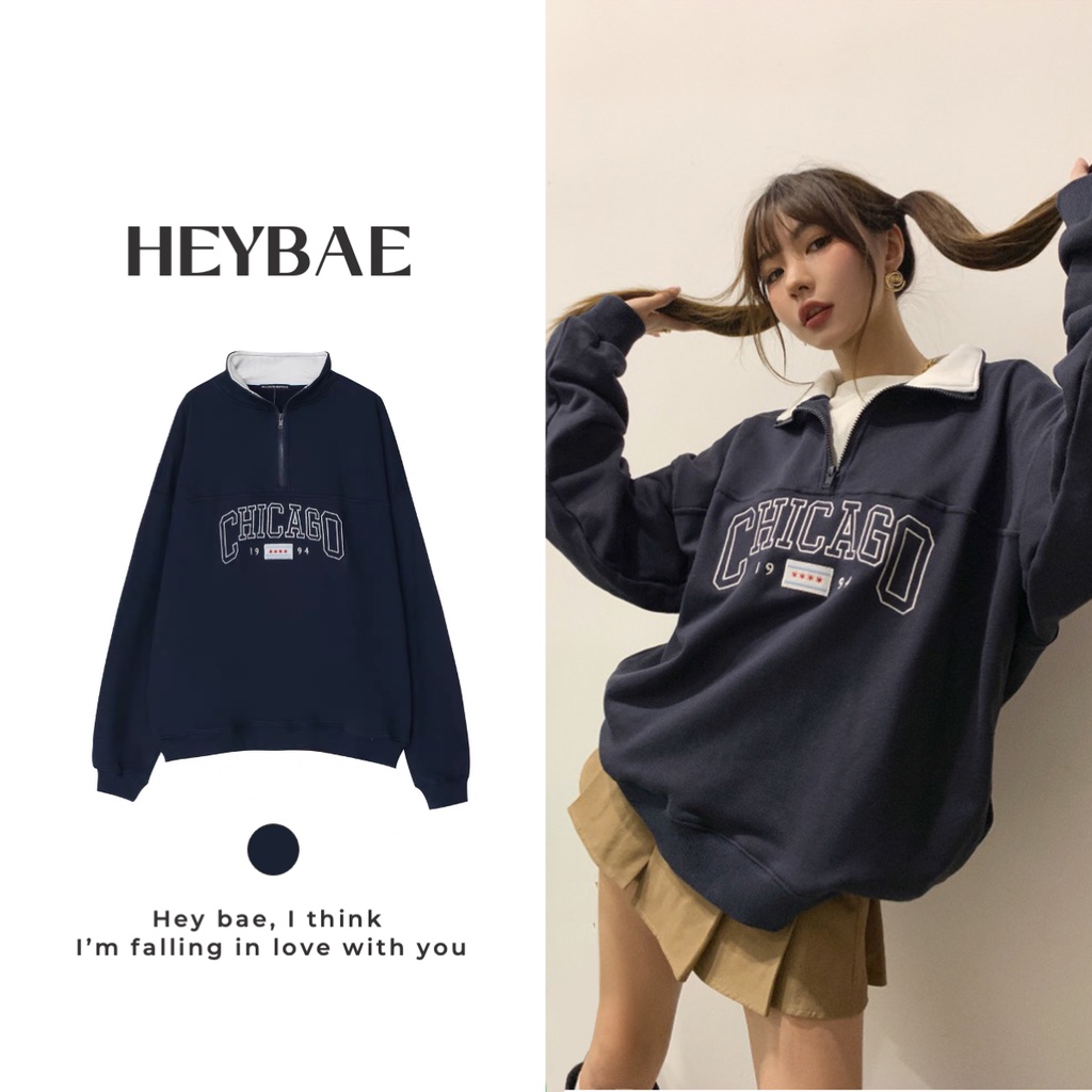 Áo sweater nỉ chui đầu oversize Chicago HEYBAE cổ bẻ khoá kéo dài tay dáng rộng vintage màu navy cho nữ AK004
