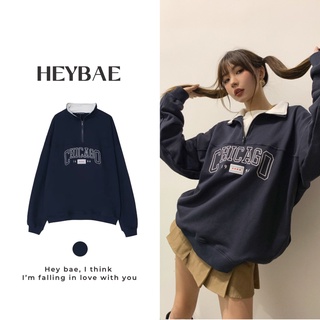 Áo sweater nỉ chui đầu oversize Chicago HEYBAE cổ bẻ khoá kéo dài tay dáng rộng vintage màu navy cho nữ AK004