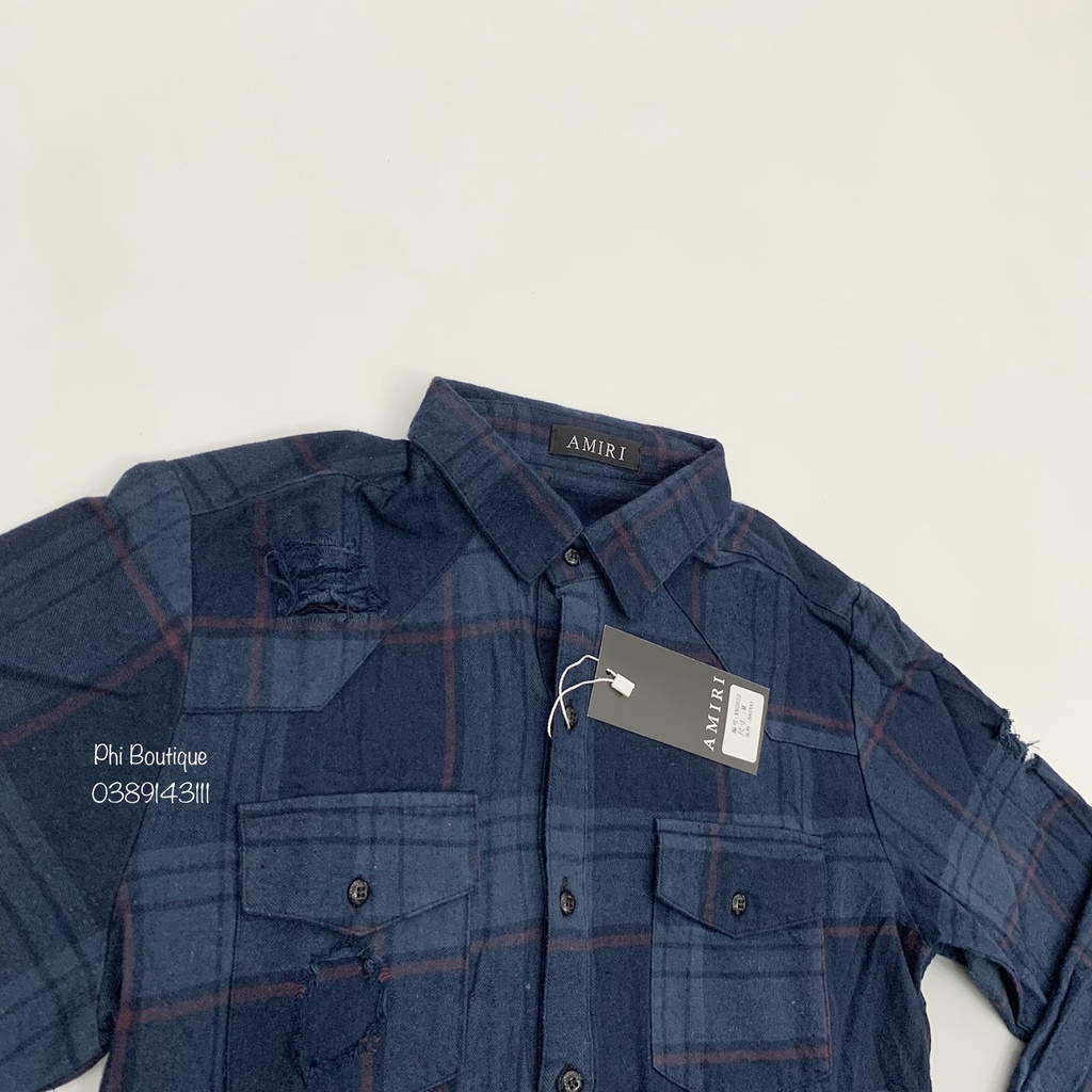 Sơ Mi Kẻ Nam Dài Tay Pha Rách Xước Màu Xanh Thẫm Chất Cotton Cao Cấp