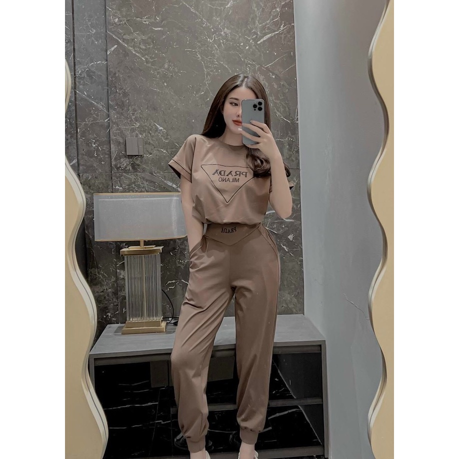 [9.9 Sales Freeship] Set bộ thể thao nữ, set bộ áo tay ngắn in chữ quần dài ống túm đi chơi cá tính dx