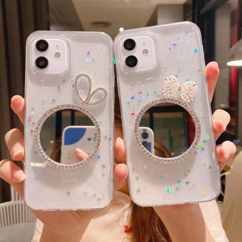 Ốp điện thoại có gương trang điểm hình trái tim đính đá cho Apple iPhone 11 12 13 Pro X XR XS MAX 6/6S 7 8 Plus