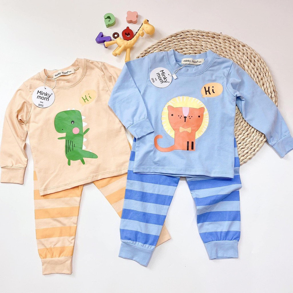 Bộ Dài Tay Minky Mom Cotton 100% Họa Tiết Hoạt Hình Dễ Thương Quần Kẻ Cho Bé Q211 - Unchi Store