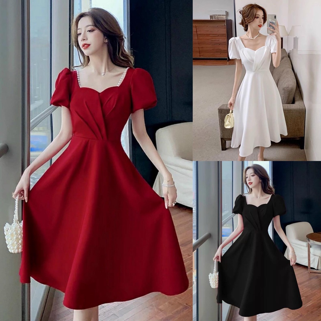 Đầm Váy Nữ Dạ Hội Dáng Xoè Tay Phồng Kết Cườm Xếp Ly Ngực Chất Liệu For Thiết Kế Sang Chảnh Đi Làm Công Sở, Đi Chơi