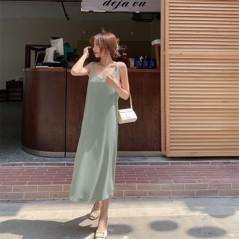 Đầm Maxi Hai Dây Dáng Rộng Màu Sắc Trơn Phong Cách Hàn Quốc Thời Trang Mùa Hè