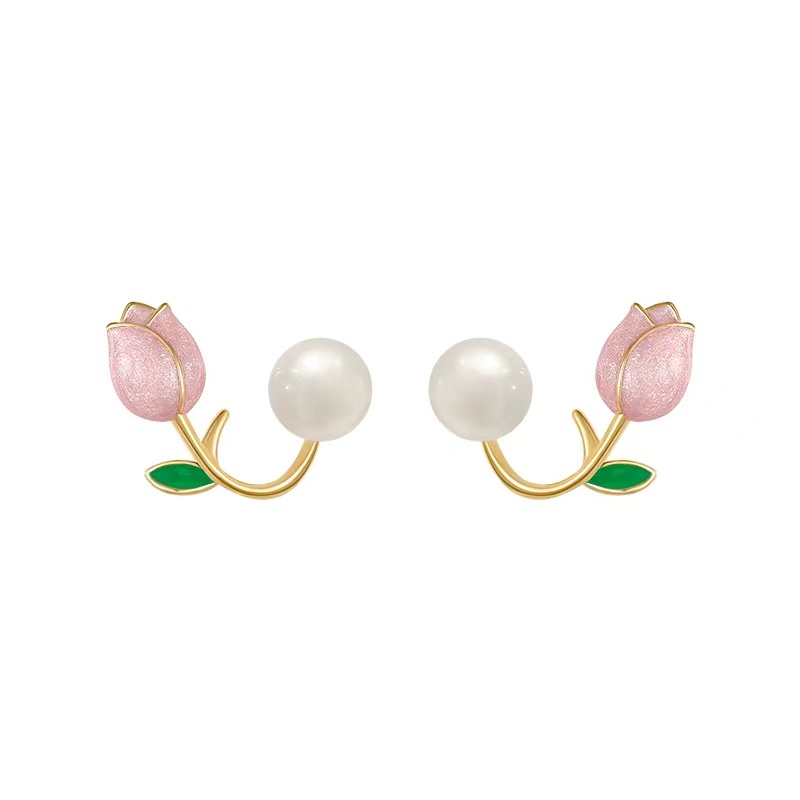Khuyên tai DODDER dạng xỏ mặt hình hoa tulip màu hồng đính hạt ngọc trai nhân tạo thời trang