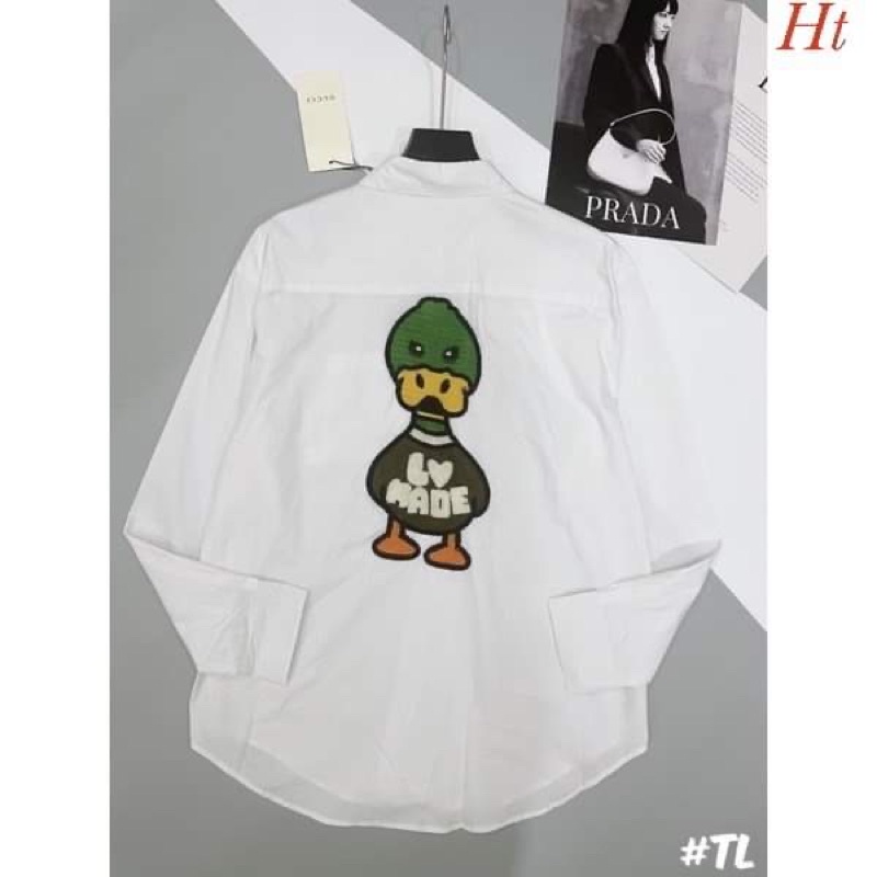 Áo sơ mi trắng dài tay vịt mũ xanh Ht