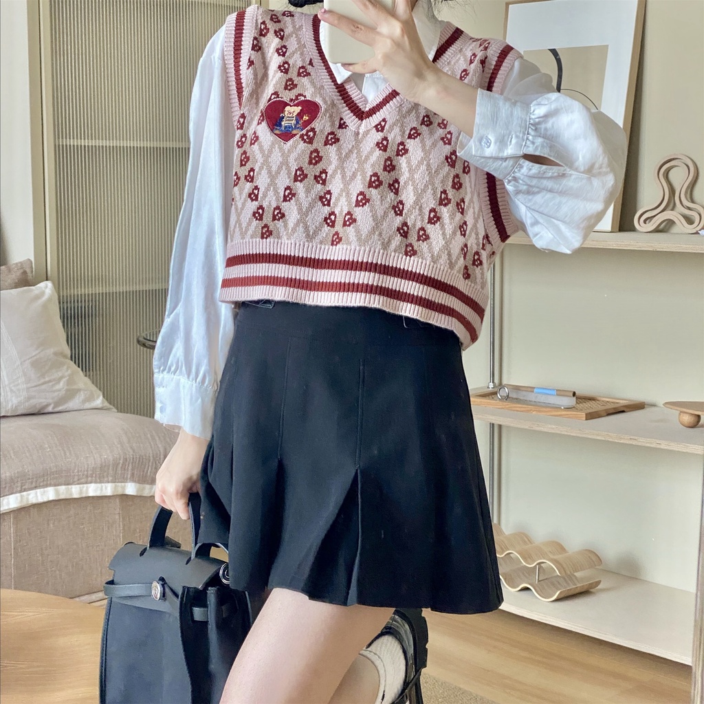 Áo len không tay cổ chữ V thêu hình gấu xinh xắn dễ thương phong cách Hàn Quốc cho nữ