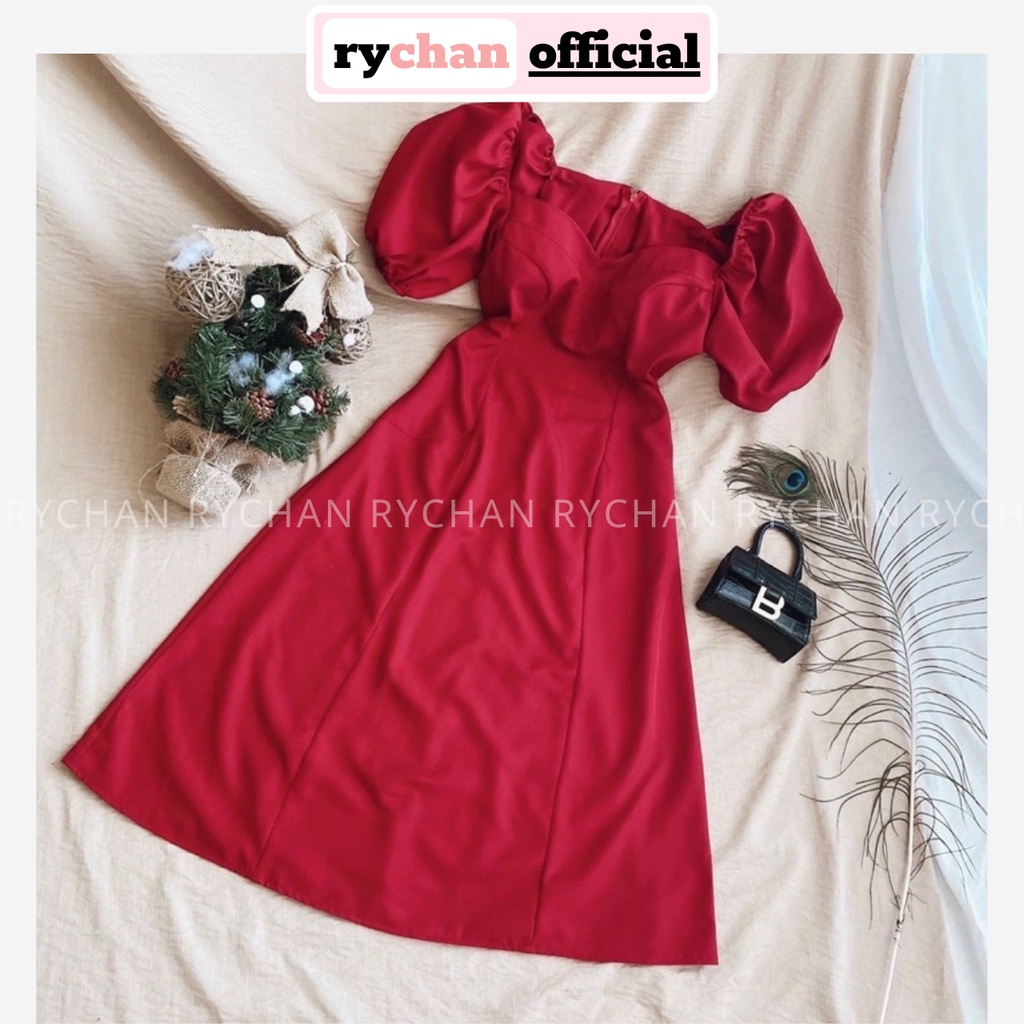 Đầm Đỏ Dự Tiệc Nữ Dáng Dài Cổ Tim Tay Phồng Bo Eo Cực Tôn Da [ẢNH THẬT CUỐI] - DX9742