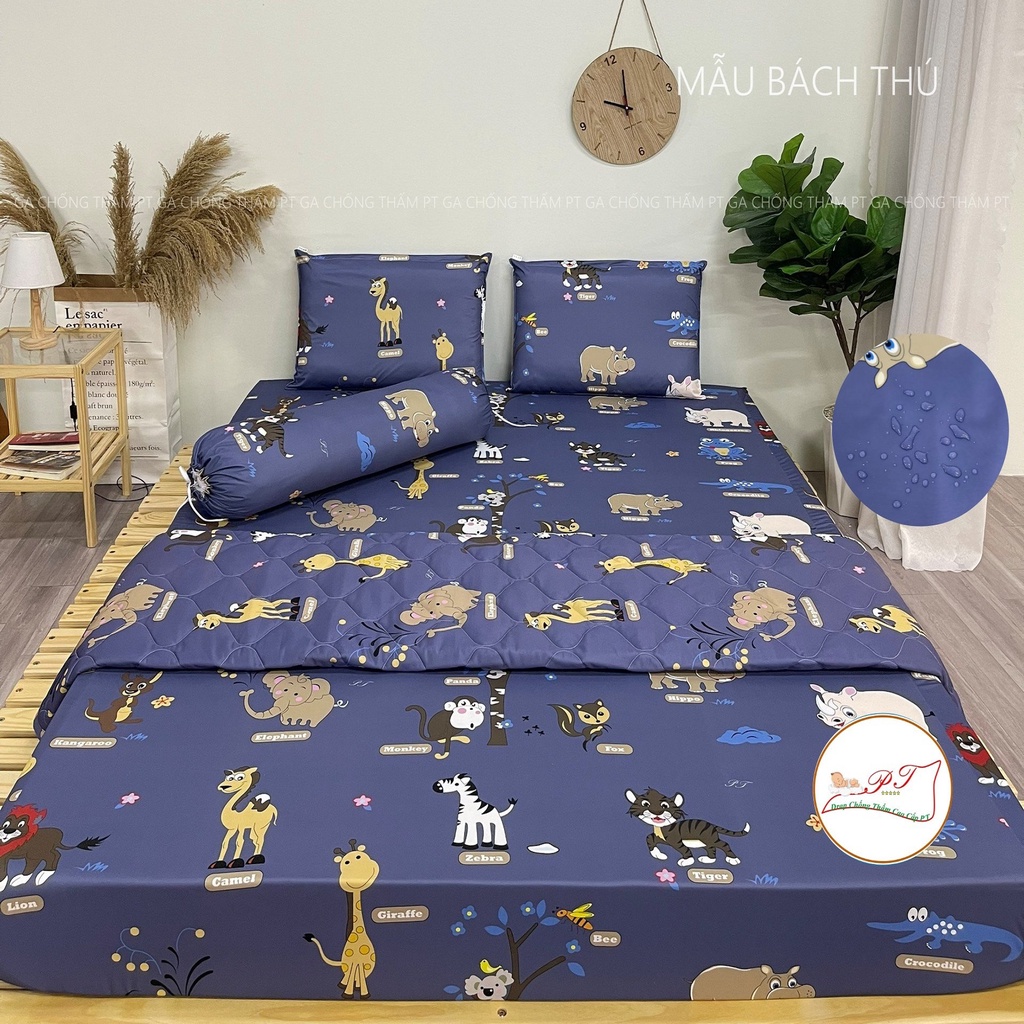 Bộ ga chống thấm cotton cho bé, drap chống thấm nước cao cấp kèm vỏ gối đầu và vỏ gối ôm mềm mịn mát (mẫu bách thú)