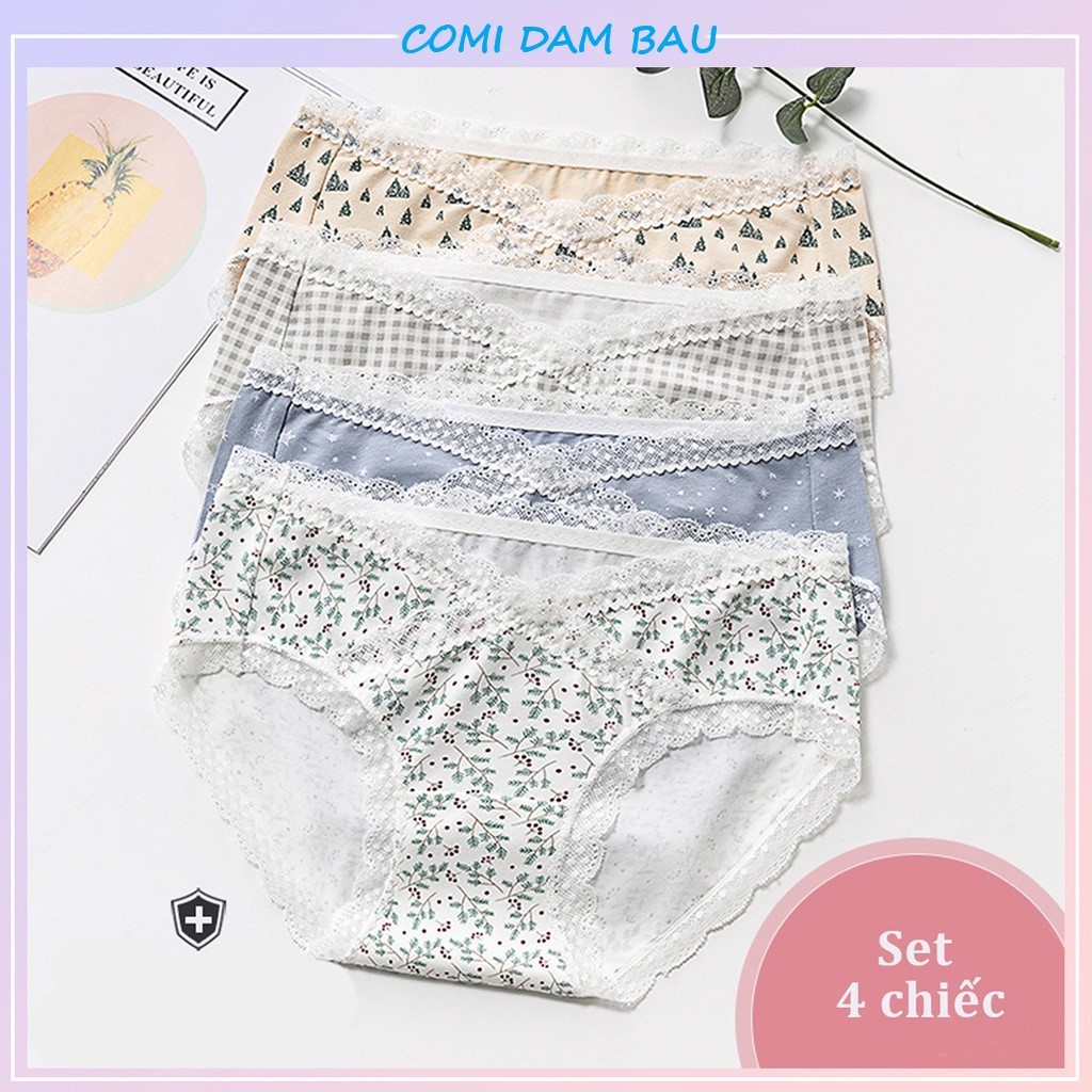 Quần lót bầu và sau sinh cạp chéo, viền ren cotton thoáng khí, đáy quần kháng khuẩn Mềm Mịn Cao Cấp Set 4 Chiếc
