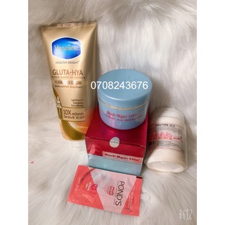 Combo siêu trắng -kem body bạch ngọc liên +1tuýp vaseline10x+1 kít trắng abutin 3c3+1 tuýp kem pond