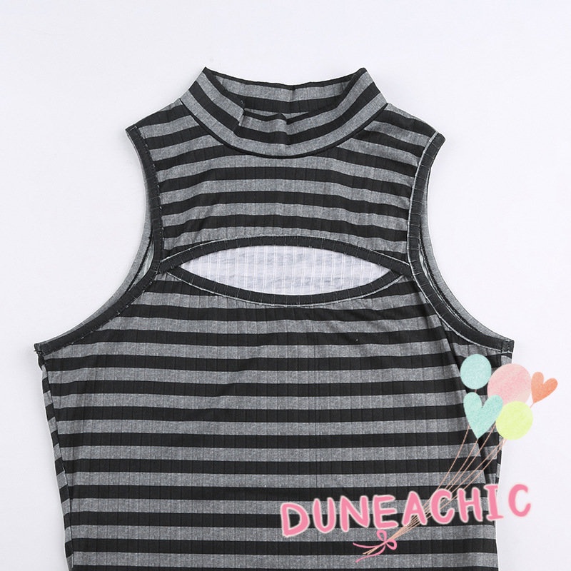 DUNEA Áo Liền Quần Cổ Cao Kẻ Sọc Kèm Găng Tay Quyến Rũ Cho Nữ