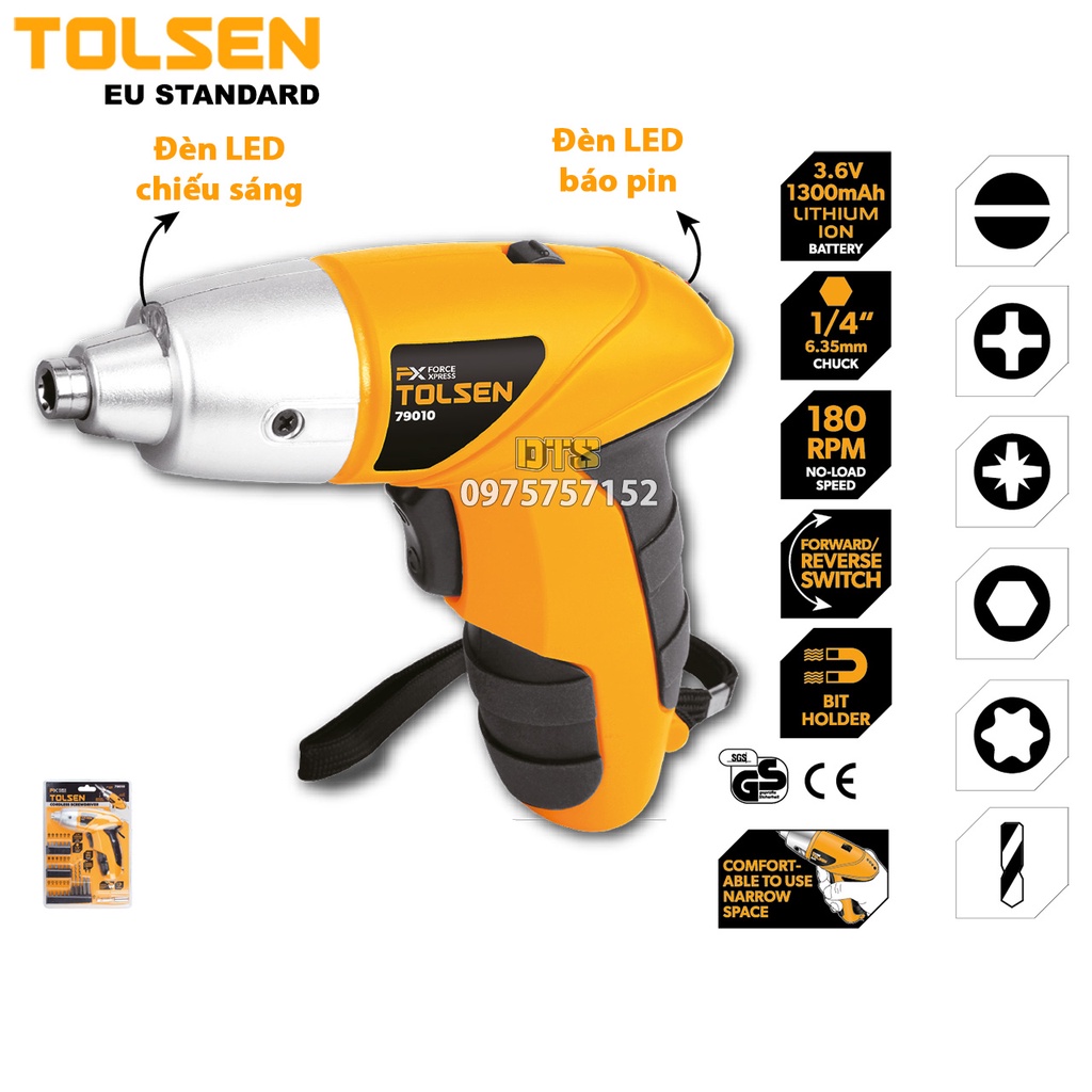 Máy bắn vít đa năng không dây dùng pin Lithium 3.6V TOLSEN, máy khoan siết vít sạc pin kèm mũi bắt vít, mũi khoan nhanh
