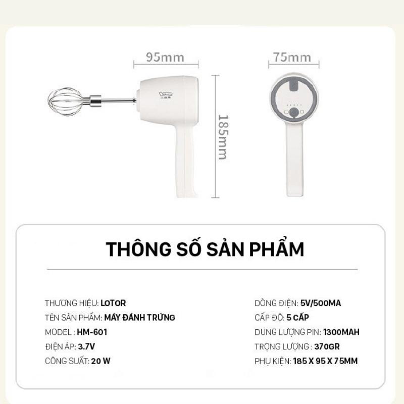 Máy đánh trứng cầm tay mini Chính hãng LOTOR HM 601 - Hai đầu đánh nhỏ gọn sạc pin USB - BH 12 tháng - Lotor L010