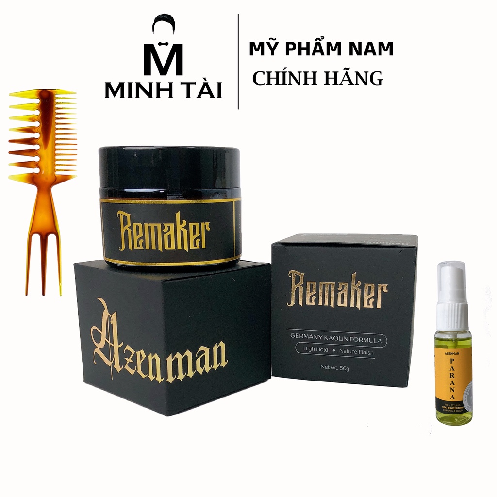 Sáp Vuốt Tóc Nam AZENMAN Remaker - 50gr - Hàng Chính Hãng + Xịt Dưỡng Tóc AZENMAN Parana 20ml + Lược Chải Tóc Texture