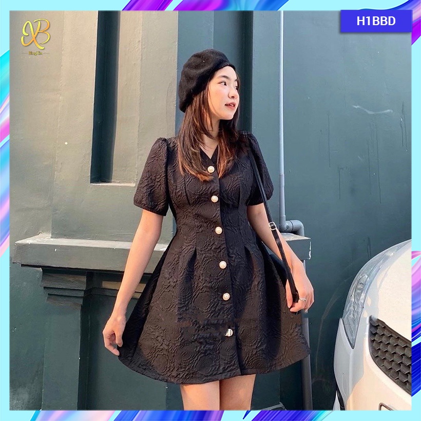 Váy/ đầm nữ babydoll hở eo lưng chiết eo dáng xòe tay bồng - H1BBD - Bingxin