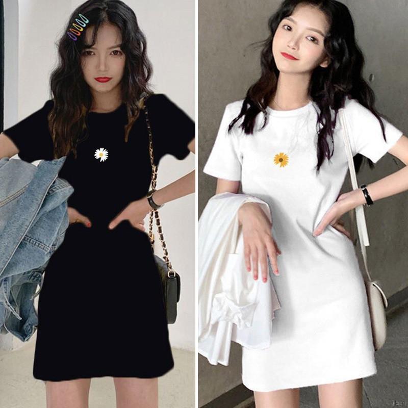 Đầm Tay Ngắn Cổ Tròn In Họa Tiết Thời Trang Hàn Quốc Cho Nữ