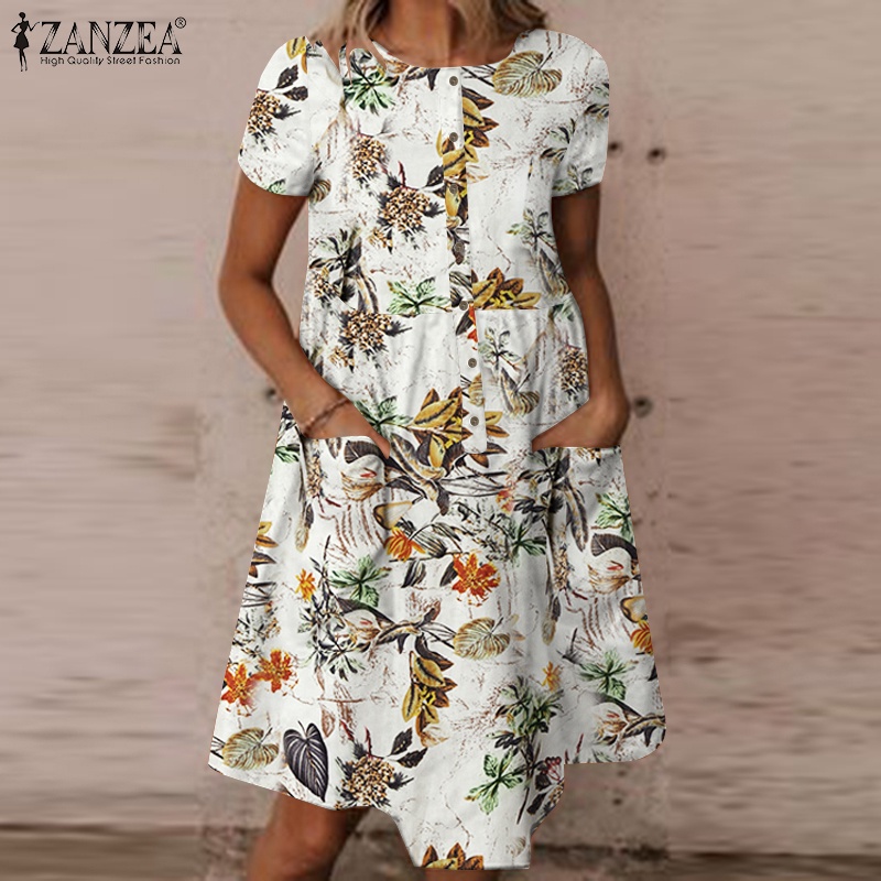 Đầm xòe Zanzea tay ngắn cổ tròn họa tiết hoa phong cách retro thời trang cho nữ
