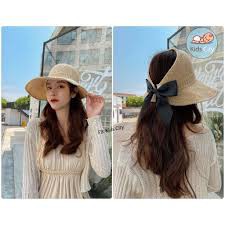 Mũ cói gắn nơ,mũ nan vành rộng hở chóp (có sỉ)