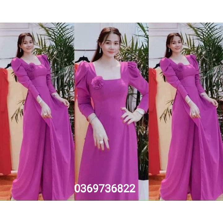 Áo dài lụa mỹ cổ vuông trẻ trung, màu sắc đa dạng, mẫu mới nhất 2022- Tổng kho áo dài Hoài Phương