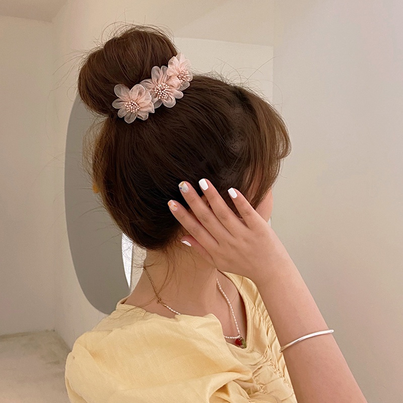 Thanh búi tóc hình hoa sợi lưới đính ngọc trai thời trang mới thần kỳ cho nữ DIY