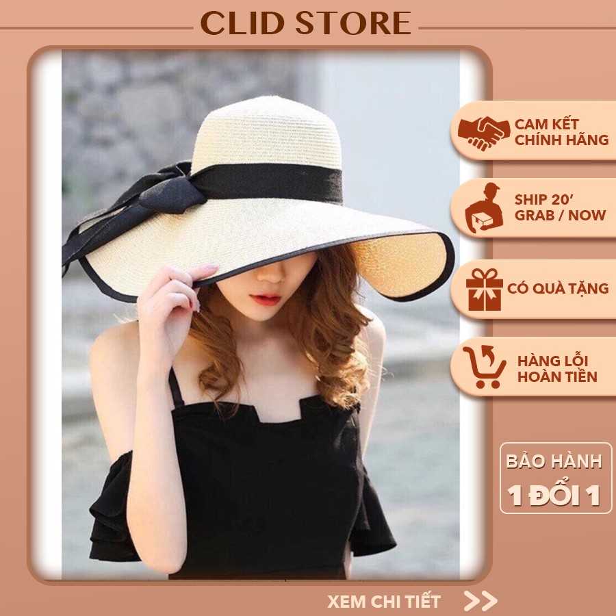 Mũ cói cực đại viền đen nơ đen tiểu thư