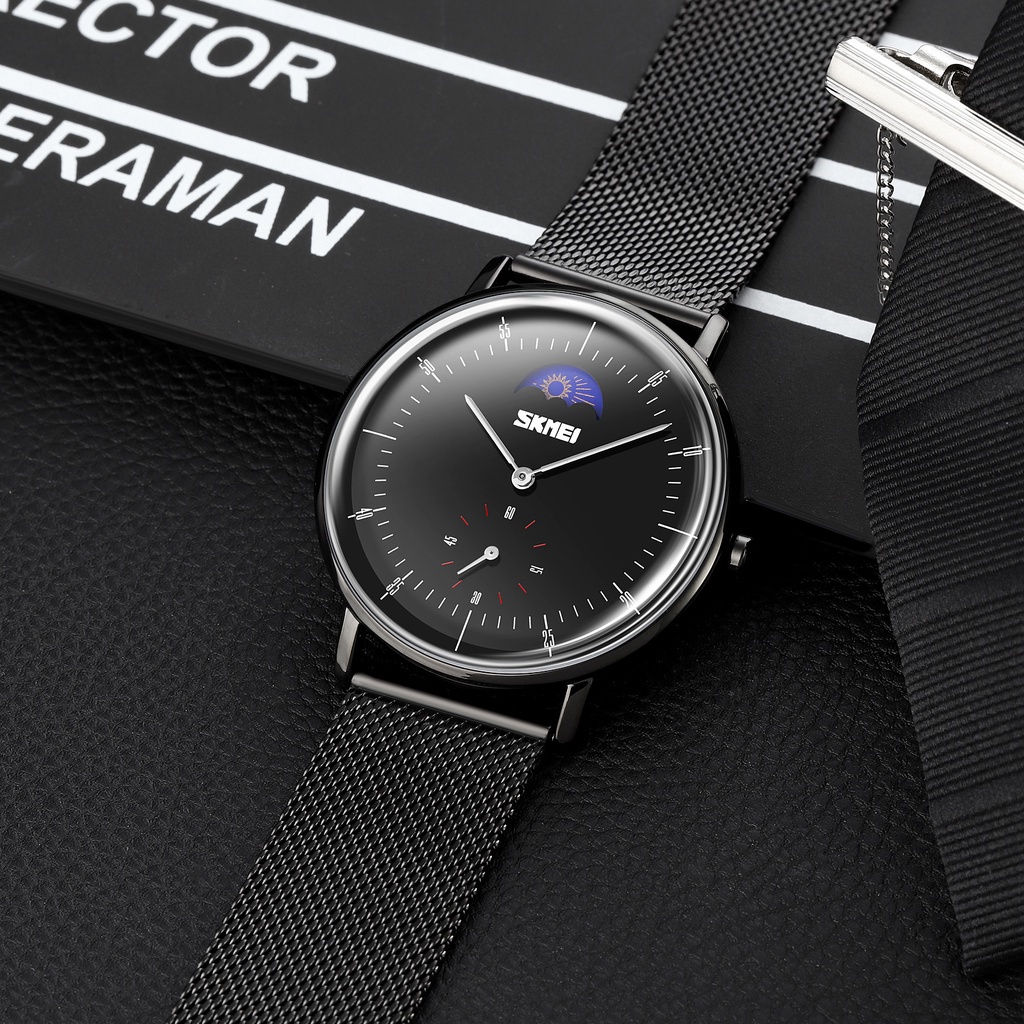 Đồng Hồ Đeo Tay SKMEI 9245 Thiết Kế Mặt Trăng Pha Lê Dây Lưới Thép Không Gỉ Chống Thấm Nước Cho Nam