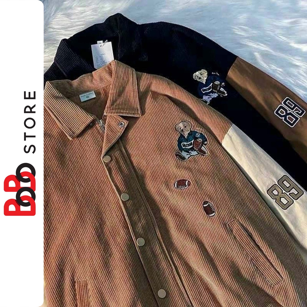 Áo khoác bomber nhung tăm form rộng 2 lớp thêu gấu 89 phong cách Hàn Quốc dành cho nữ - BoBo Store