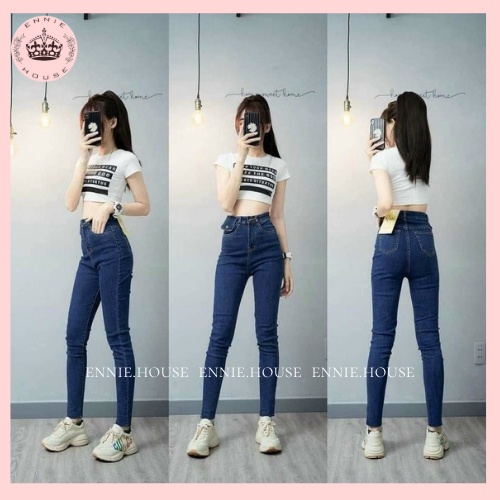 Quần Jeans Nữ Cạp Cao, Quần Bò Nữ Cạp Cao Chất Jean Bò Màu Xanh Ennie Có Ảnh Cận Chất CD081