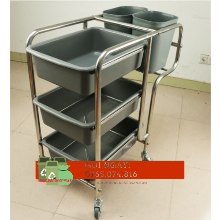 Xe đẩy thu gom thức ăn thừa, Xe thu gom chén dĩa khung inox (Trọn bộ xô thau)