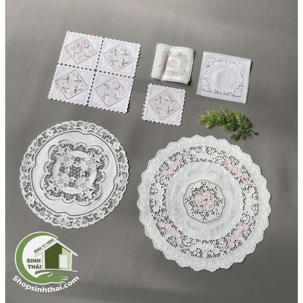 Tấm lót lọ bình hoa, bình bông, bình trà, lót ly, lót trang trí chén dĩa, bằng nhựa, có ren, hoa văn dập nổi