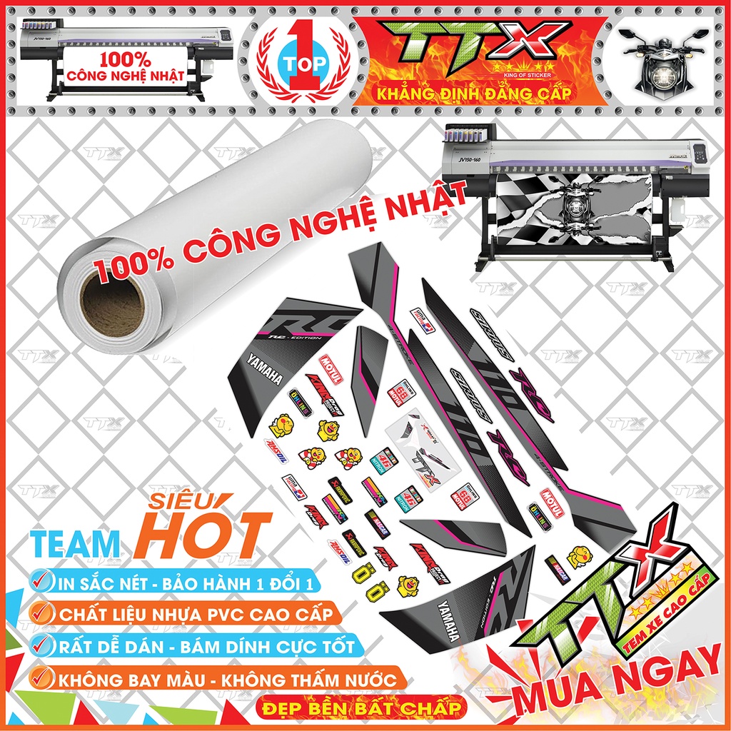 Tem Xe Sirius 110 RC Xám Đen Hồng Điểm Nhấn - Tem Dán Xe Sirius Hồng Xám Đen Siêu Đẹp - Mẫu Tem Rời Sirius Xám