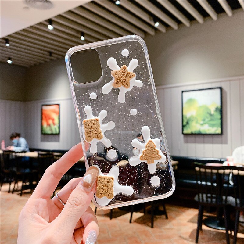 Cute 3D Stereo Milk Cookie Phone Case For OPPO A52/A92 A55 A59 A73/A79/F5 A11/A5 2020 A9 2020/A11X F11/A9/A9X A8/A31 F9/F9PRO/A7X A5/A3S/A12E A92S/RENO4Z A91/F15 A93 5G A72 5G/A53 5G A31/A53 2020 RENO5PRO RENO5/RENO5X Capa Soft Glitter Clear Cover Shell