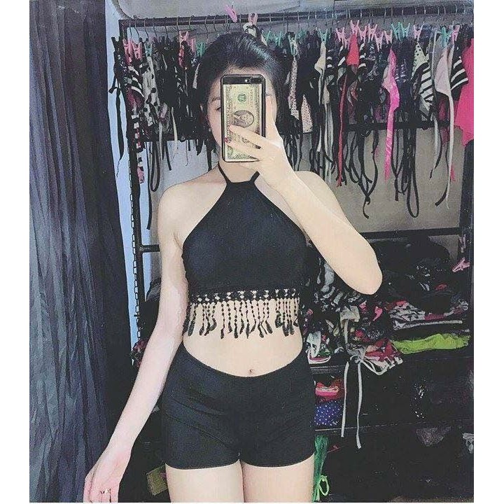Bikini hai mảnh đẹp đò bơi áo yếm tua rua bộ bơi quần đùi kín đáo