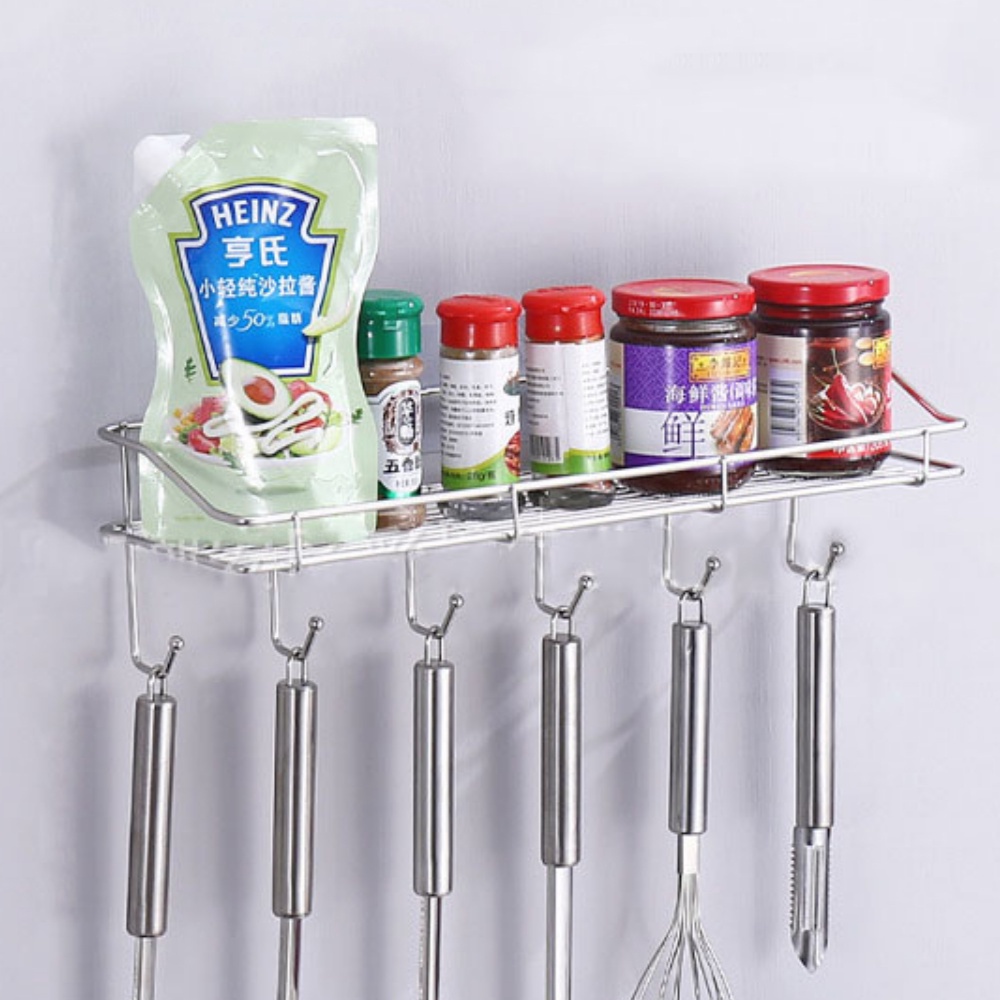 Kệ Để Đồ Nhà Bếp, Giá Để Gia Vị Phòng Bếp Kèm 6 Móc Treo Đồ Đa Năng