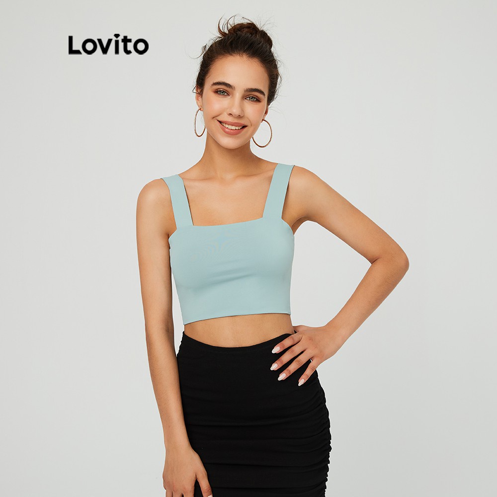 Áo hai dây Lovito màu trơn cổ vuông thời trang L03020 (màu xanh lá/ Đen / Trắng)