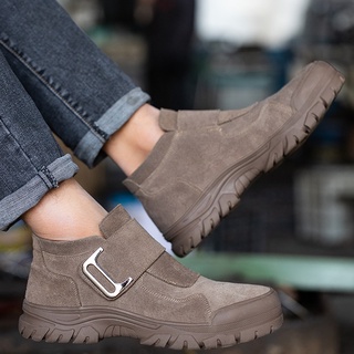 Giày bảo hộ không dây A Safety chống đinh, chống va đập, chống trơn trượt, chính hãng, cổ lửng, da bò lộn màu nâu