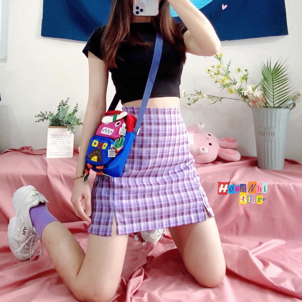 Chân Váy Caro Chữ A Xẻ Lai Có Quần Lót Trong Dáng Ôm Ulzzang Màu Tím Nhạt - MM