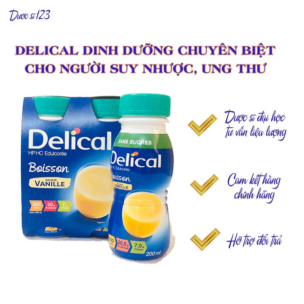 Sữa DELICAL của Pháp dinh dưỡng dành cho bệnh nhân ung thư, tiểu đường, bệnh nhân suy dinh dưỡng - lốc 4 chai/200m