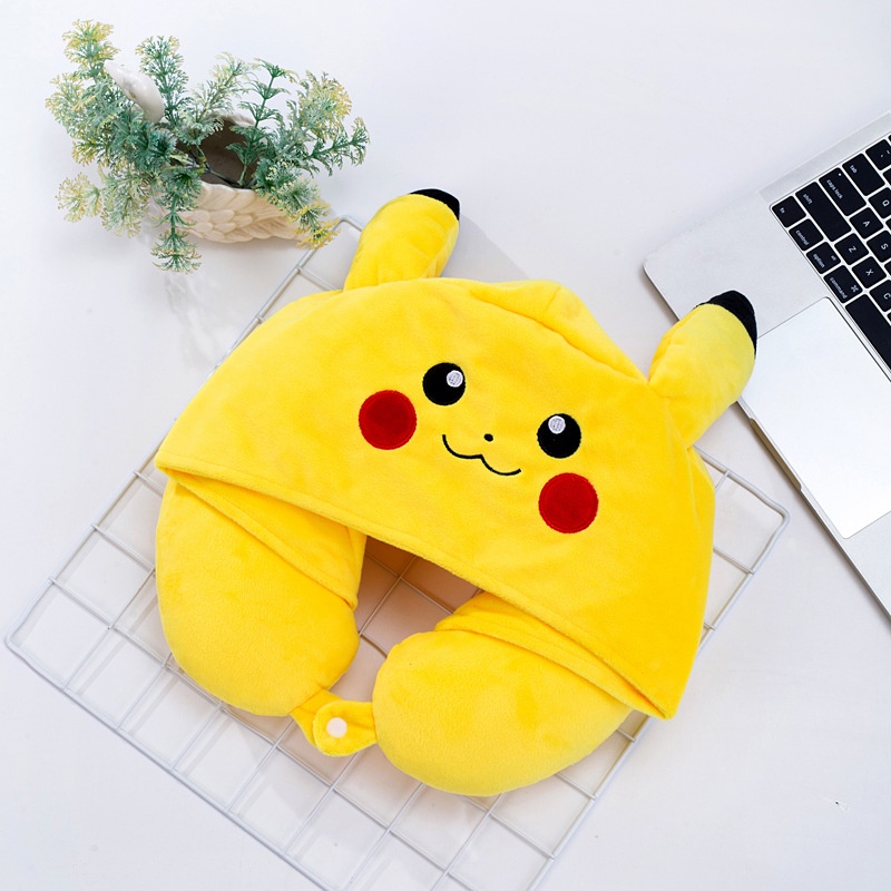 Gối Chữ U Có Mũ Trùm Đầu Hình Doraemon / Pikachu / Kumamon / Gấu Nâu Thêu Logo Hoạt Hình Dành Cho Học Sinh / Văn Phòng