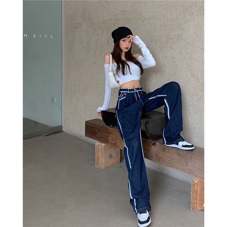 Quần denim Xanh Ống Rộng Lưng Cao Thiết Kế Mới Thời Trang Theo Phong Cách Mỹ Cho Nữ