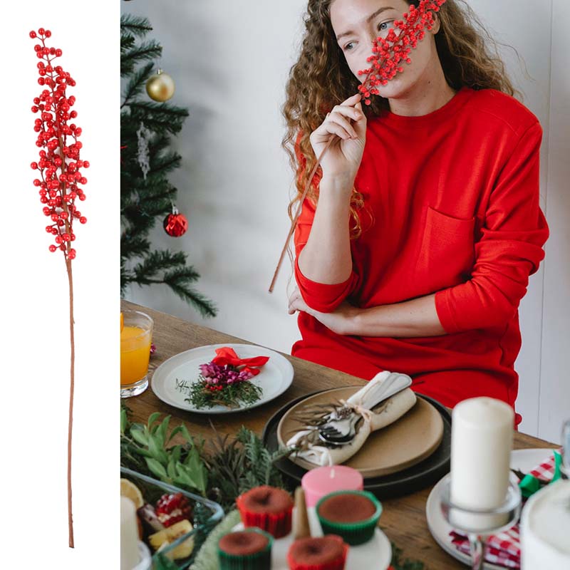 Nhánh cây berry nhân tạo màu đỏ 65cm trang trí Giáng Sinh