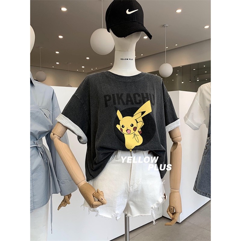 [Ảnh thật] Áo phông nữ màu xám bạc lông chuột Pikachu