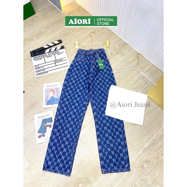 [CAO CẤP - ĐỦ 3 MÀU] Quần Jean Ống Rộng AIORI Lưng Cao Họa Tiết NY Thời Trang Hàn Quốc_Mã E004