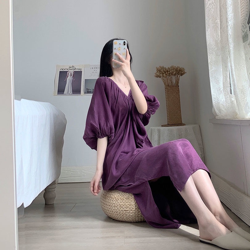 Đầm tay phồng cổ chữ V form rộng thời trang mùa hè