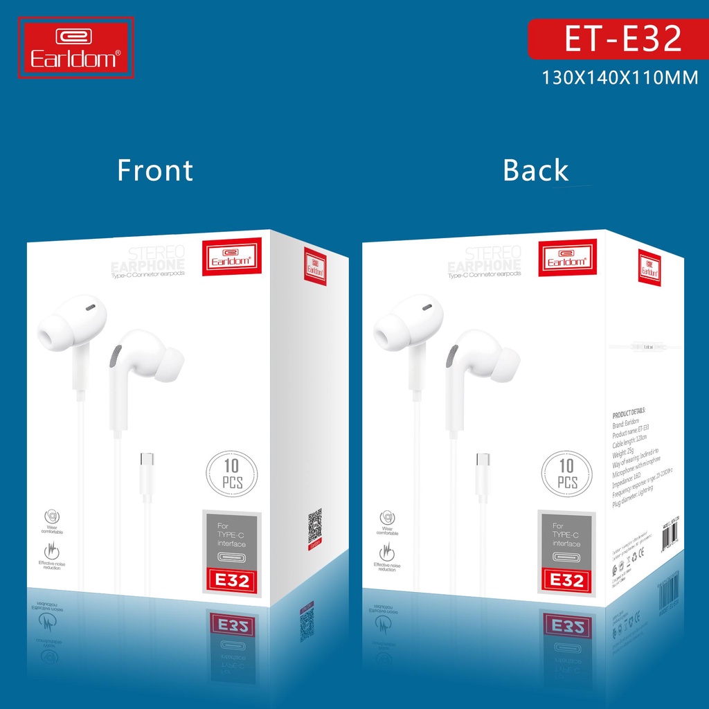 Tai Nghe Chân TypeC Earldom ET-E32, âm thanh stereo, chống ồn cho Xiaomi, Oppo, Huawei, Vivo.