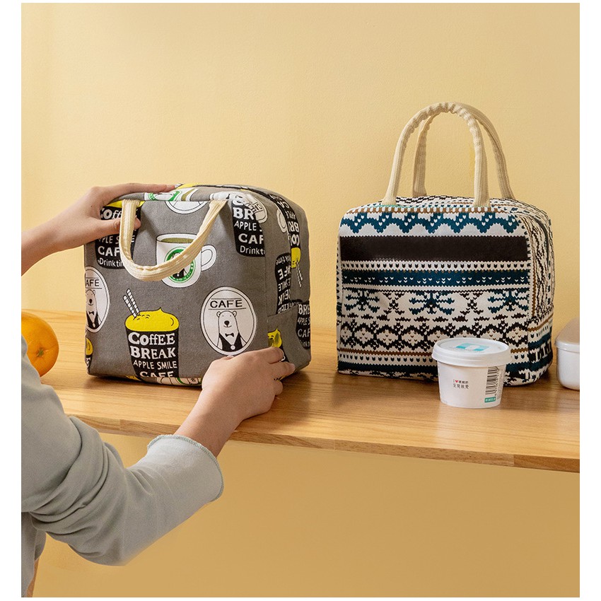 Túi đựng cơm giữ nhiệt TAKE COFFEE vải Cotton và Linen cao cấp chống thấm, cách nhiệt hiệu quả, Túi đựng thức ăn cỡ lớn