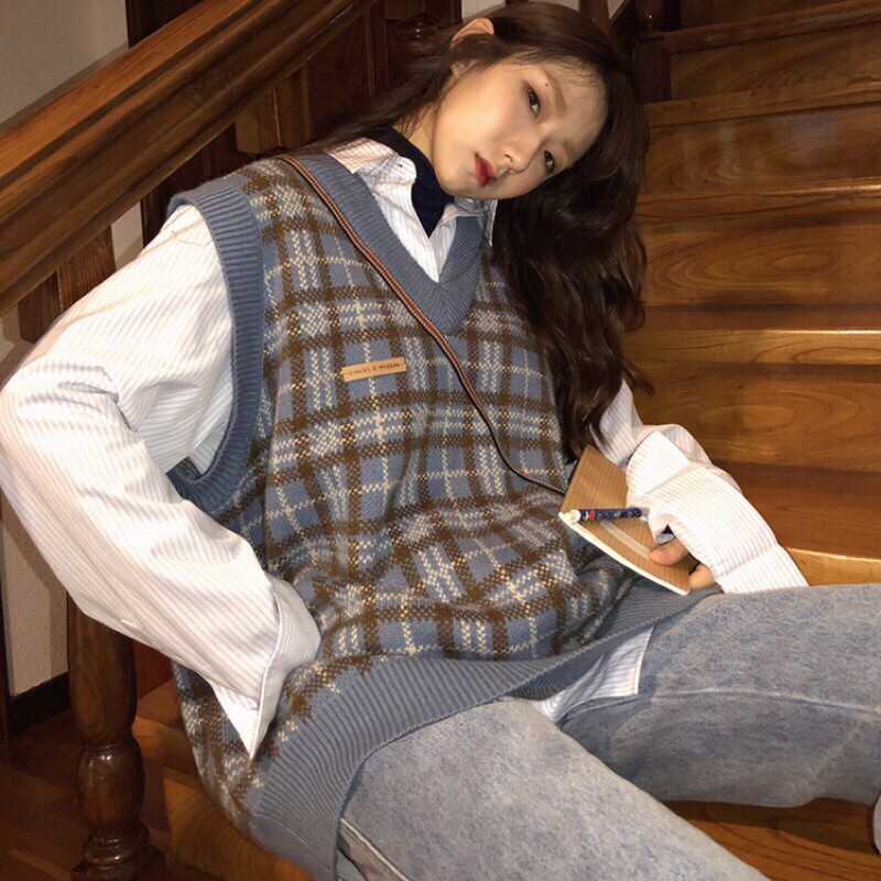 SẴN/ẢNH THẬT SALE| ÁO GILE LEN KẺ XANH FREESIZE ULZZANG VINTAGE