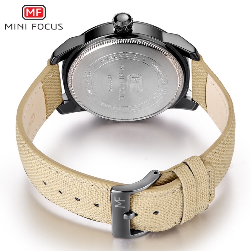 Đồng hồ nam MINI FOCUS MF0032G.03 dây vải màu be viền thép không gỉ màu đen 3 kim hàng chính hãng cao cấp Nhật Bản