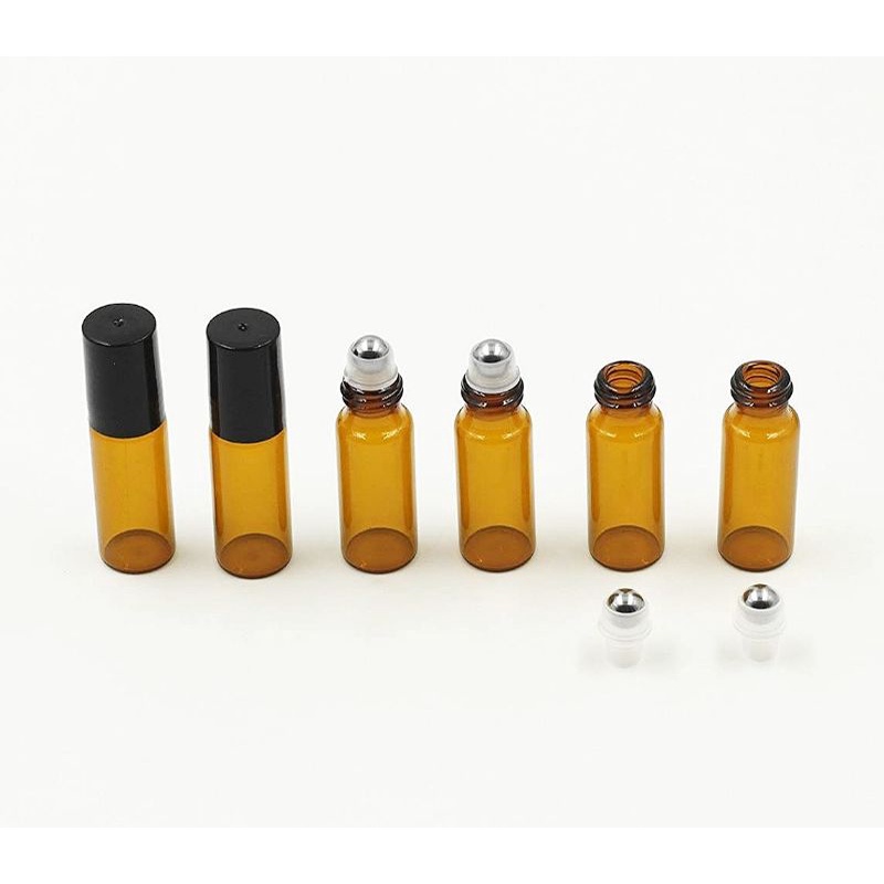 Mẫu 2022 cao bao đẹp 6 lọ nâu 5ml chai thủy tinh dạng bi lăn thép nắp đen bóng dùng đựng tinh dầu dubai nước hoa Ả Rập